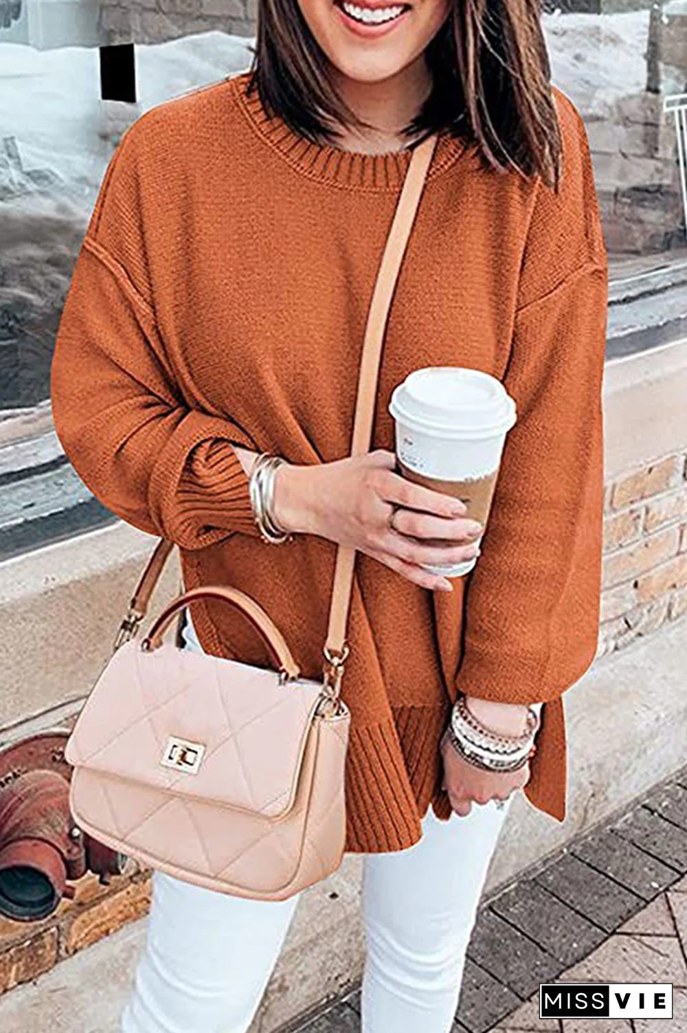 Casual Solid Patchwork Slit O Neck Tops Sweater