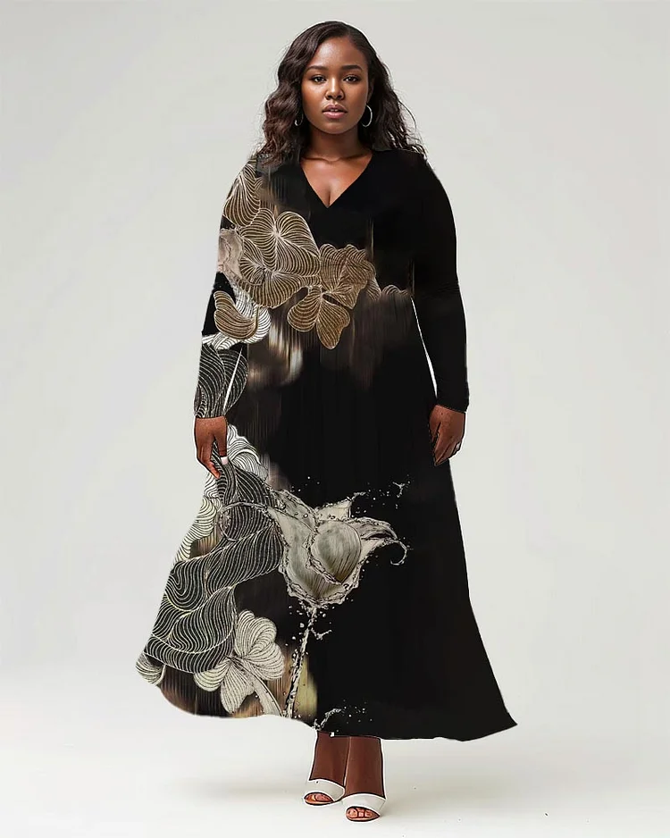 Plus Size Women's Retro Prints Long Sleeve V Neck Dress