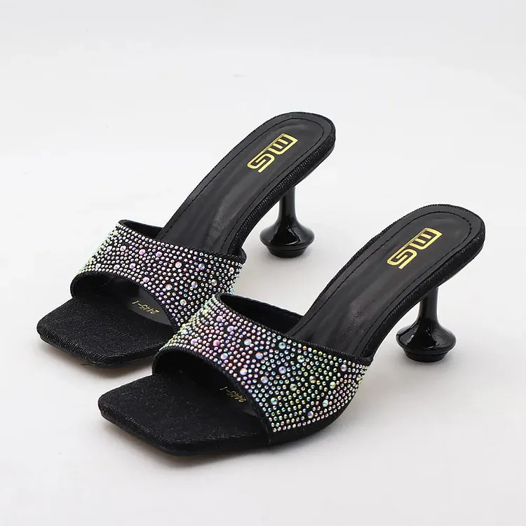 Summer Blue Denim Rhinestone Women's Slippers with 7CM Heel