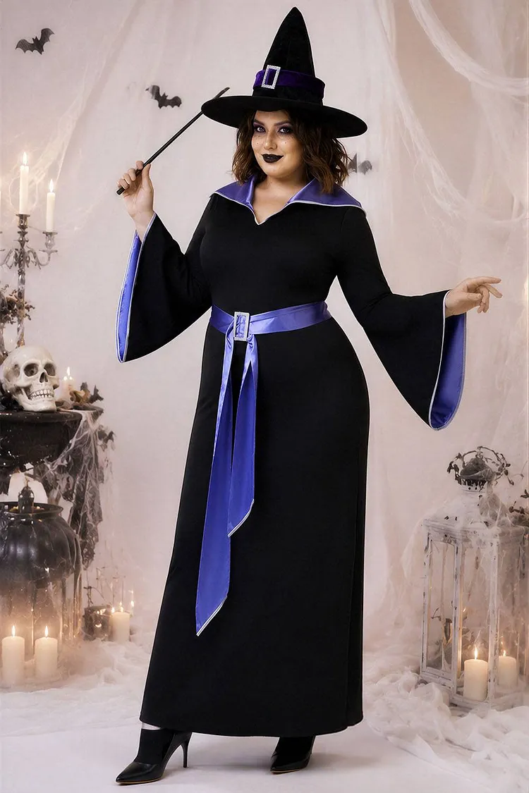 Xpluswear Design Plus Size Halloween Costume Black Witches Cosplay Trumpet Sleeve Knitted Maxi Dress (Without Hat And Cane)（Ships 24h） 2024 - Xpluswear