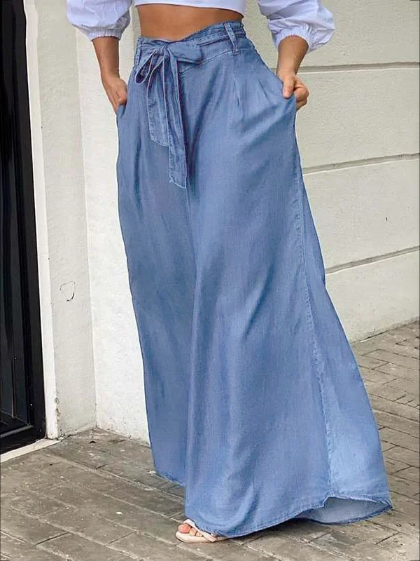 Loose Wide Leg Pockets Solid Color Tied Waist Jean Pants Bottoms