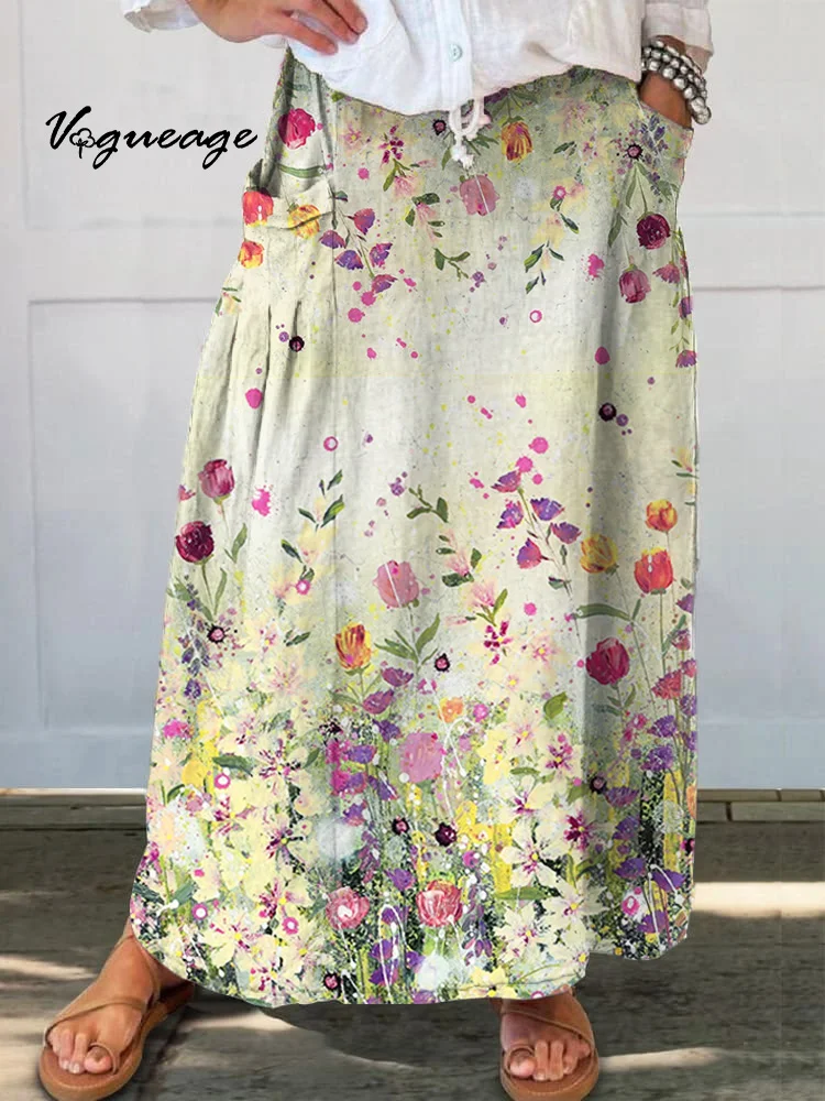 Elegant Colorful Flowers Printed Women's Casual Cotton And Linen Skirt