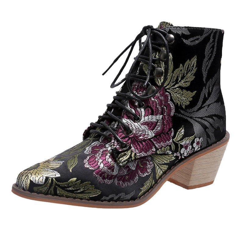 2021 New Women Luxury Silk Boots  Ankle Boots New Autumn Winter Embroider Womens Motorcycle Boots Lace Up Shoes Woman