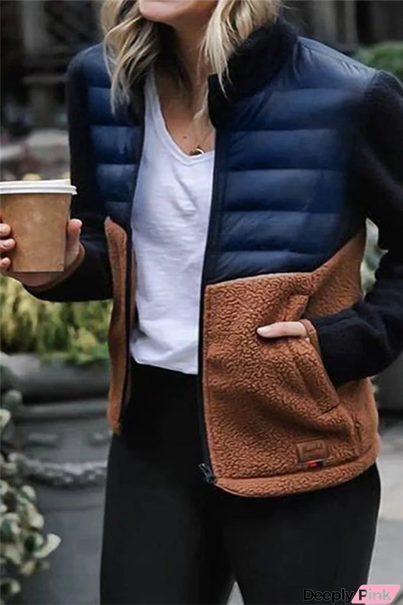 Casual Color Block Patchwork Mandarin Collar Outerwear