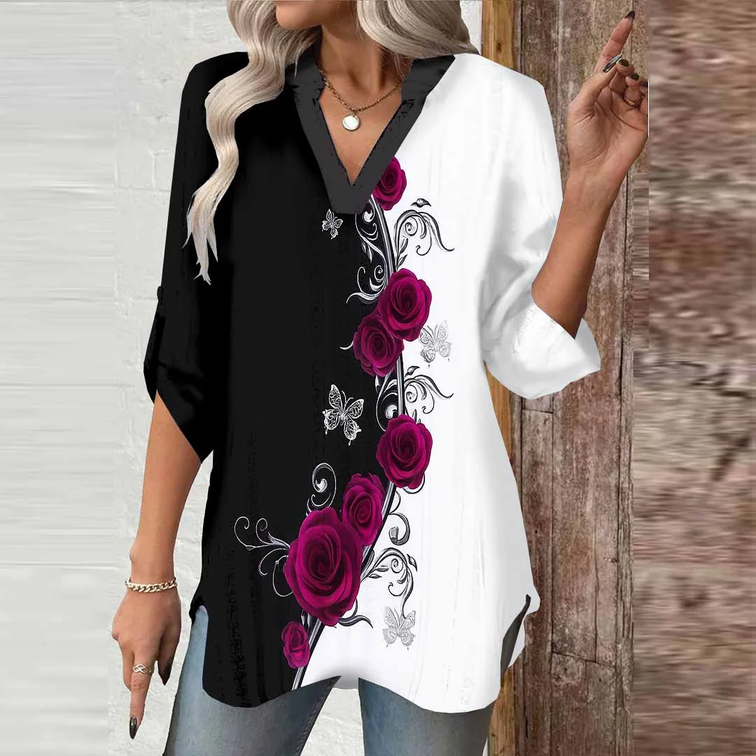 Women Floral,Red,White DZGA0686 3/4 Sleeve V-neck Printed Graphic Button Tops