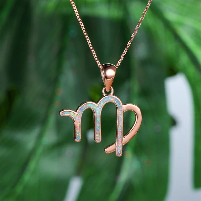 Cute Female Constellation Virgo Pendant Necklace Simple Silver Color Chain Necklaces For Women Charm Opal Stone Wedding Necklace