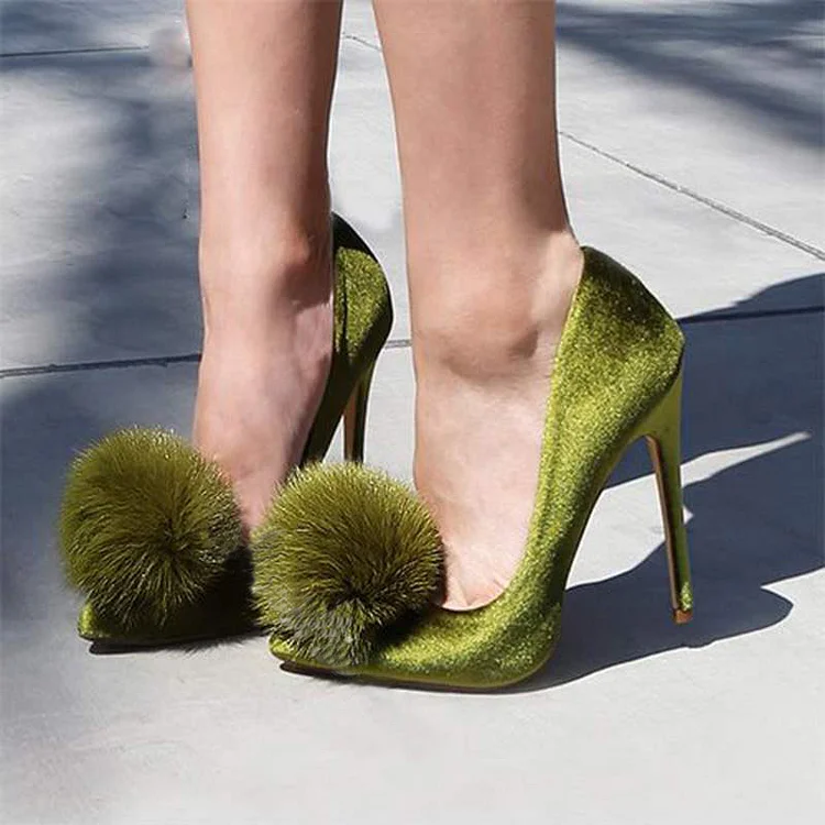 Olive Green Fur Ball Pumps Pointy Toe Stiletto Heels Evening Shoes |FSJ Shoes