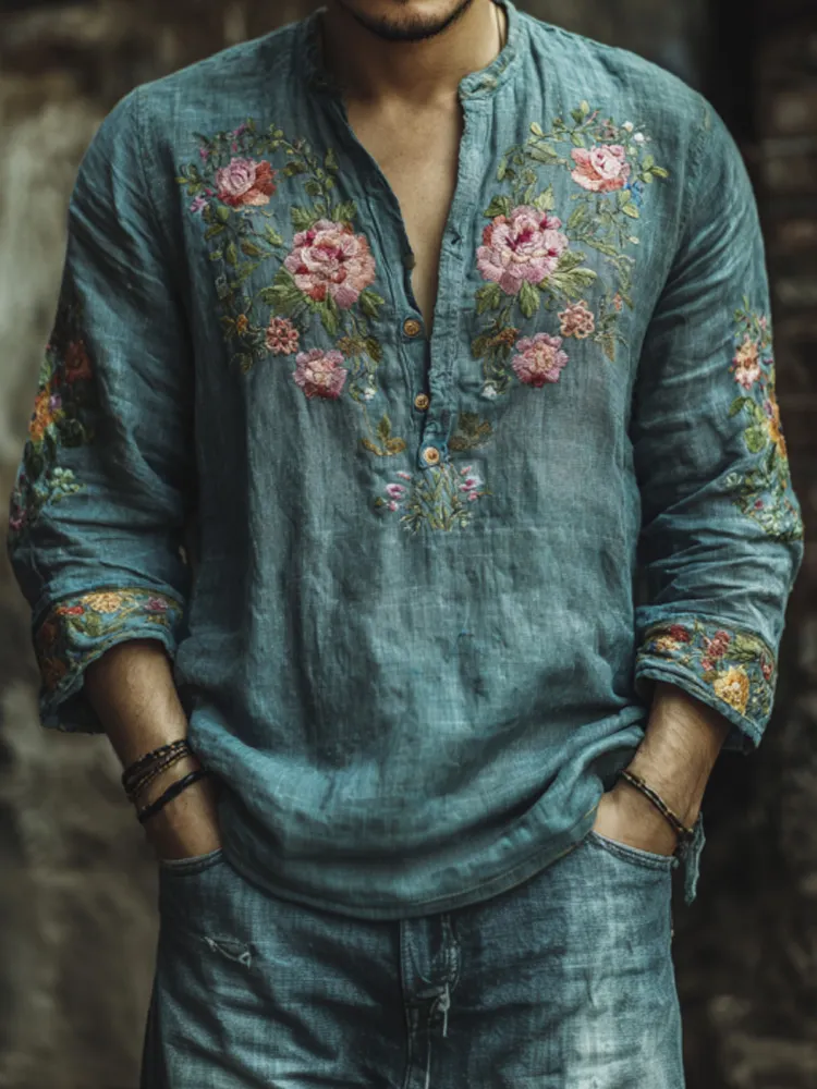 Men's Vintage Floral Embroidered Comfy Linen Shirt
