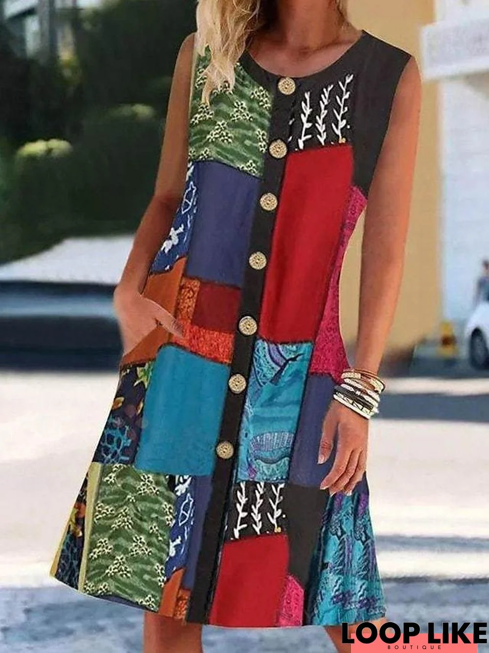 Fashion Trend Summer Women's Round Neck Sleeveless Print Contrast Color Pocket Dress