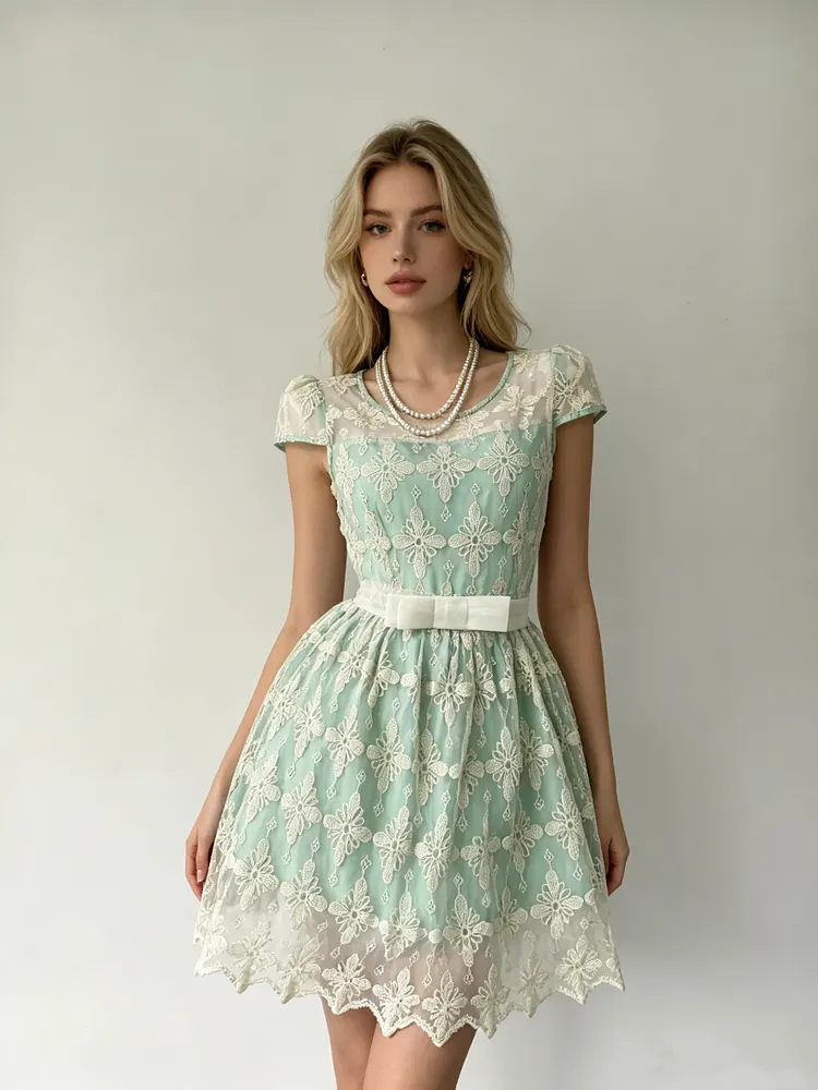 Vintage-style light green soft lace bow dress