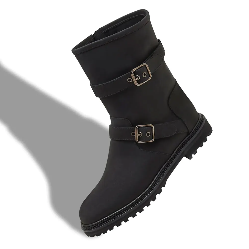 Round Toe Side Zipper Buckle Black Heel Booties with Grommet