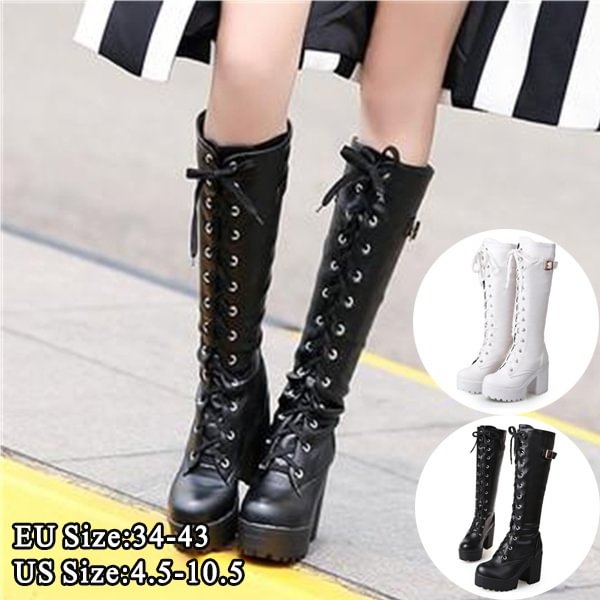 Plus Size 34-43 Sexy High Heel Boots Women Lace Up Thick Platform Knee High Square Heel Winter Shoes Fur Women Snow Boot - Shop Trendy Women's Fashion | TeeYours