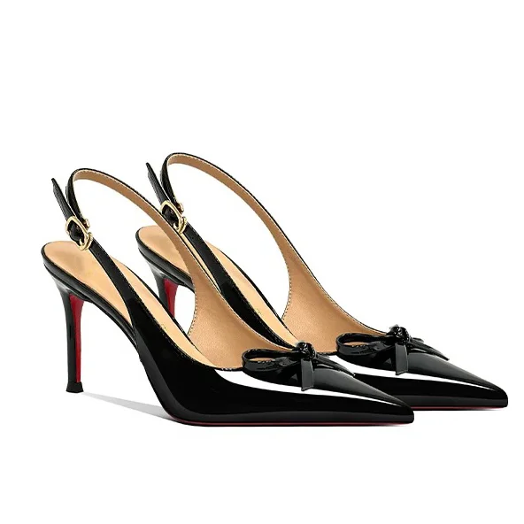 100mm Women Slingback Pumps BowknotSandals Pointed Toe Pumps Red Bottoms Shoes-MERUMOTE