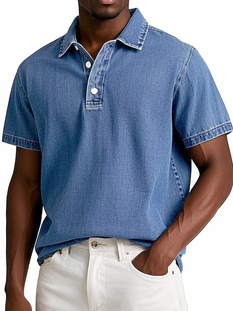 Men's Fashion Retro Washed Distressed Cotton Lapel Short Sleeve Polo Shirt