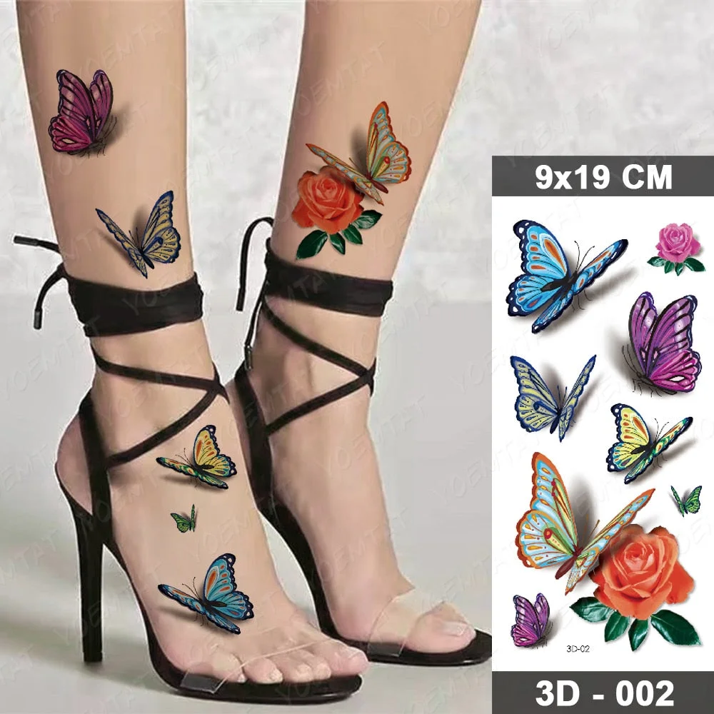 Temporary Tattoos Sticker For Women Body Art Tattoo Sticker 3d Butterfly Rose Flower Feather Tattoo Waterproof Halloween Gift