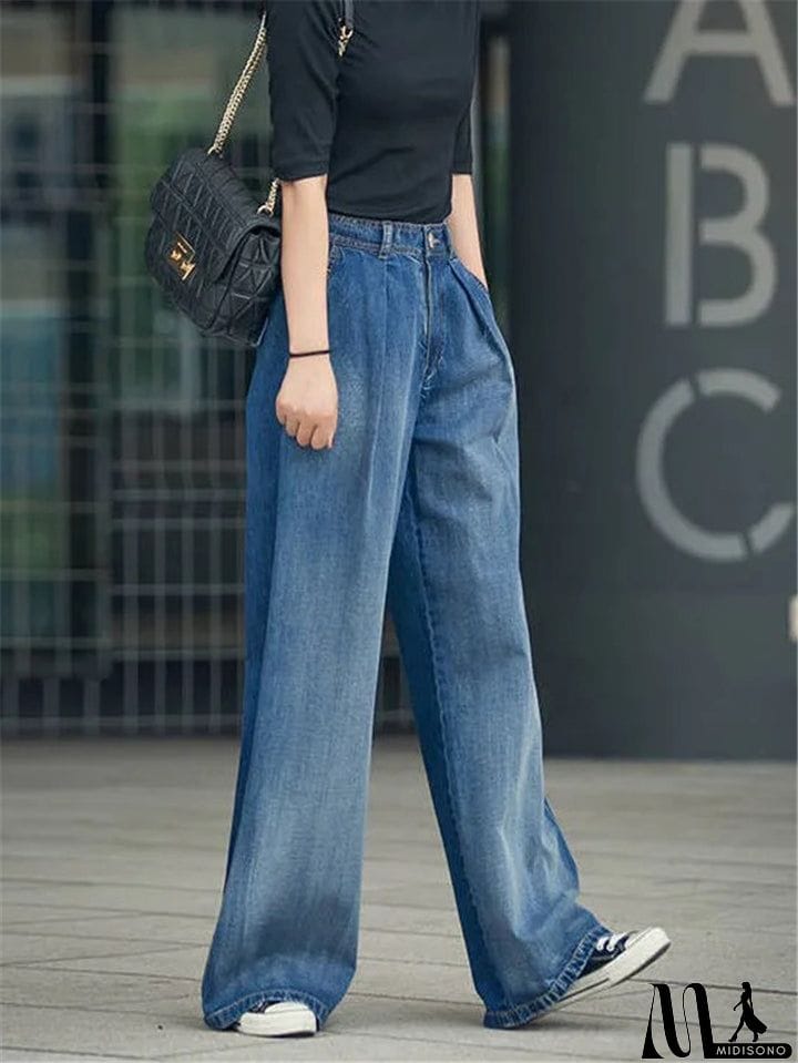MidiSono - Women's Stitching Stonewashed Effect Wide-Leg Pocket Jeans