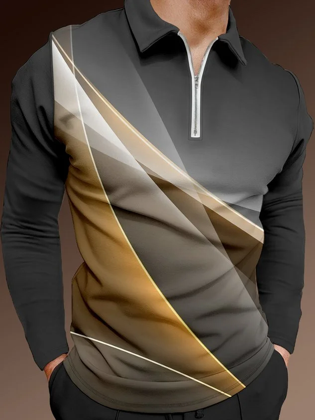 Casual Art Collection 3D Gradient Line Geometric Pattern Lapel Zip Long Sleeve Print Polo Shirt