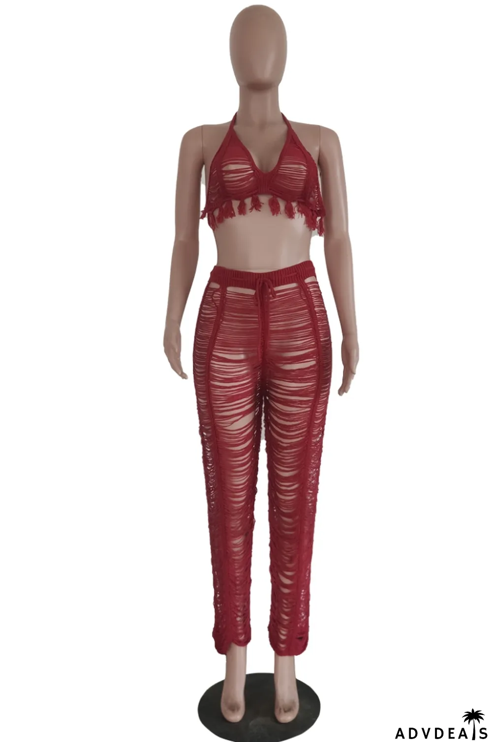 Autumn Sexy Red Knit Hollow Out Tassel Bra and Pants Set