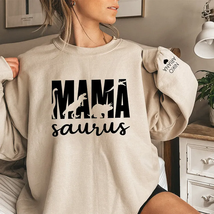 Mama Dinosaur Print Custom Sweatshirt, Custom Mother's Day Sweatshirt, with Children's Names on the Sleeve