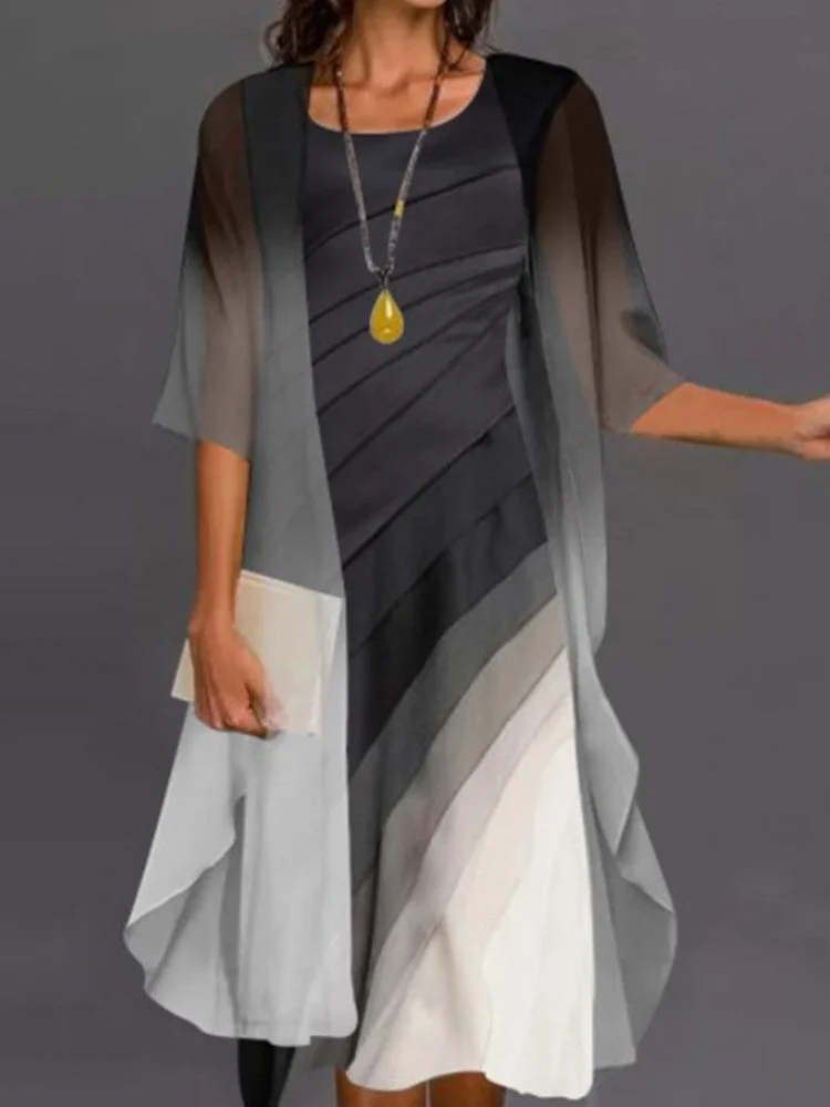 Women's Half Sleeve Scoop Neck Gradient Printed Two-Piece Midi Dress