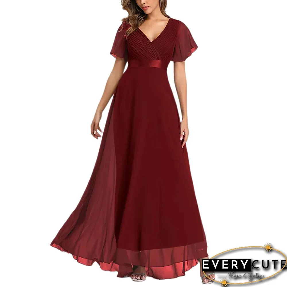 Burgundy V Neck High Waist Swing Bridesmaid Dress