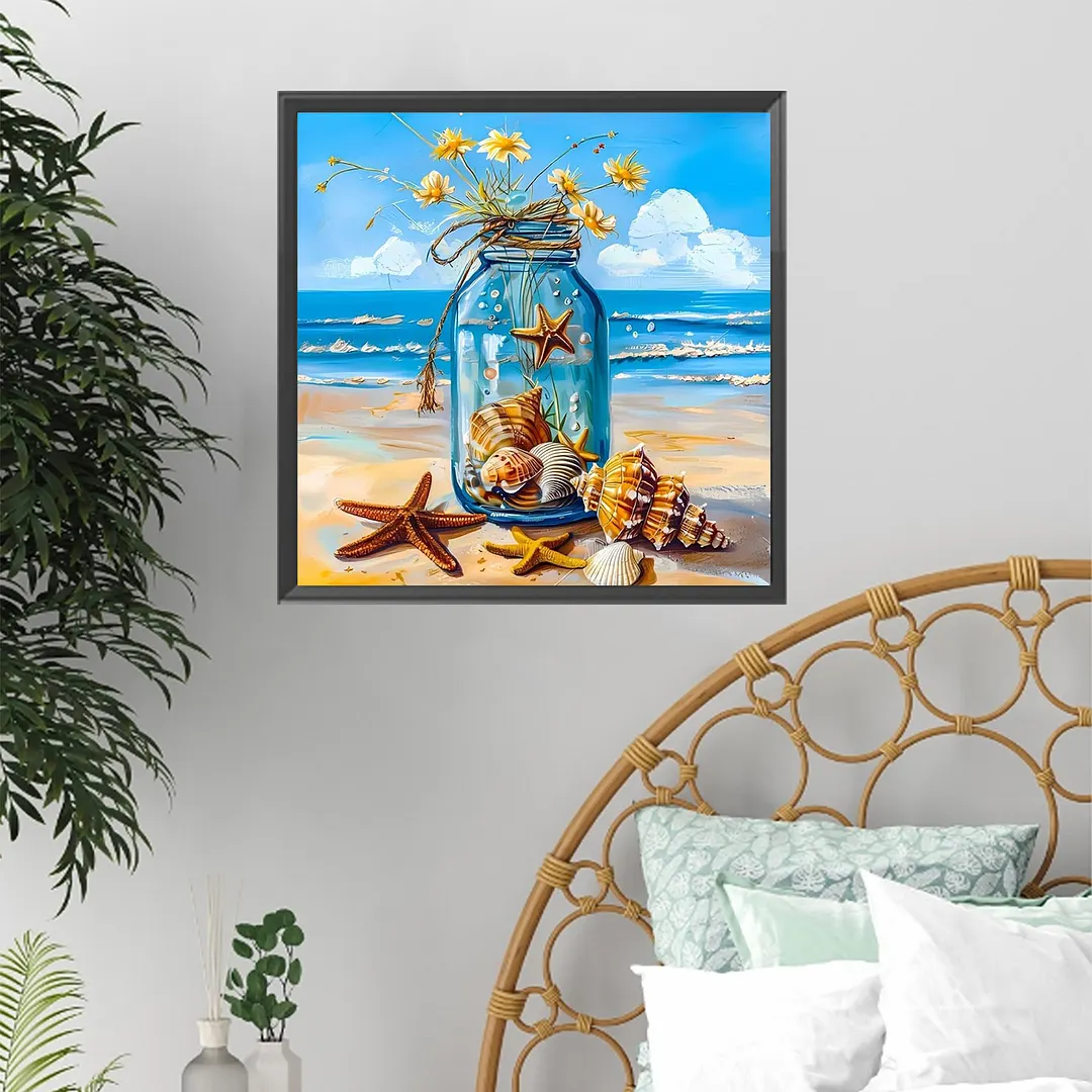 Beach Jar Full DIY 5D Square Drill Gem Art Diamond Painting Kits for Adults/Beginners Gift Idea Home Decor Diamond Dots Paintings Picture Arts Craft Crystal Art Paint by Diamond13.78x13.78in
