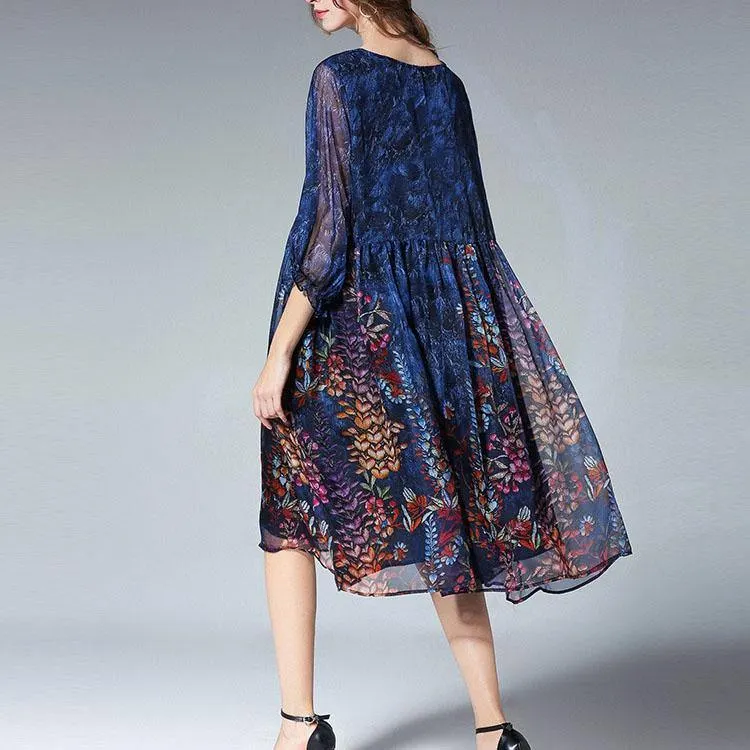 Unique Blue Print Tunic Pattern O Neck Cinched Plus Size Summer Dresses