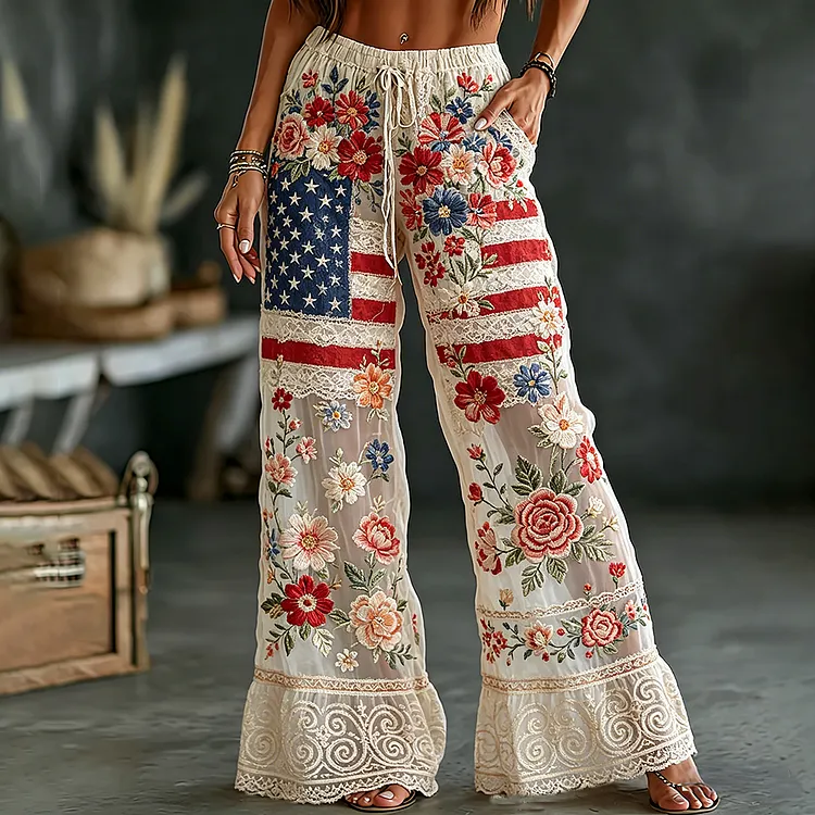 Women's Retro Floral Flag Elastic Cotton Linen Pants