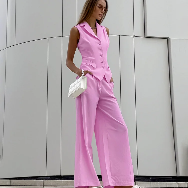 Cotton Linen Sleeveless Slim Fit Vest High-waisted Trousers Suit