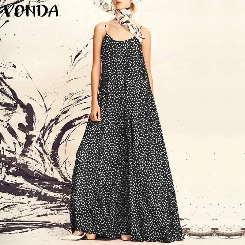 Jangj Party Holiday Dress Robe Bohemian Casual Women's Spring Sundress VONDA Loose Print Dresses Suspender Long Maxi Vestidos S-