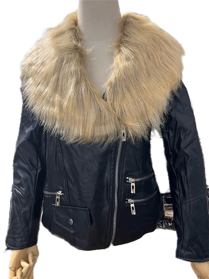 Big Size Women's Zipper Biker Leather Jacket Female Short Jacket Faux Fur Fur Collar Splicing Leather Jacket Coat