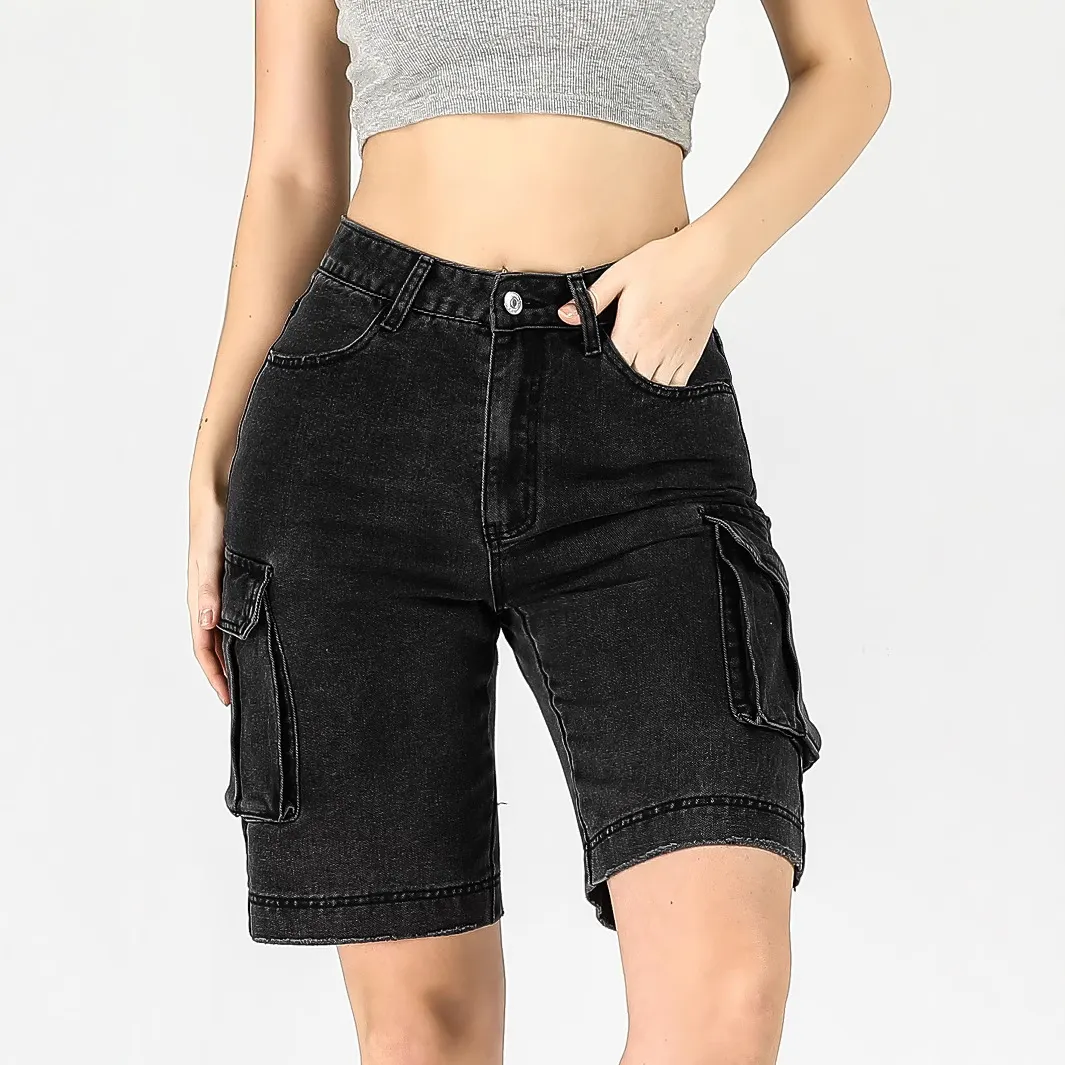 Mid-Rise Washed Straight Cargo Denim Five-Point Shorts