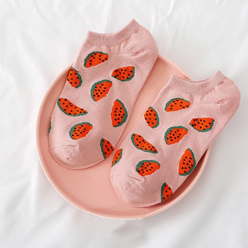 Women Solid Avocado Socks Casual Joker Cotton Short Socks Ladies Fruit Print Concise Korean College Style Breathable Sox Trendy