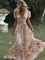 Women's Vintage Pink Rose Embroidered Art Pattern V-neck Short Sleeve Midi Dress