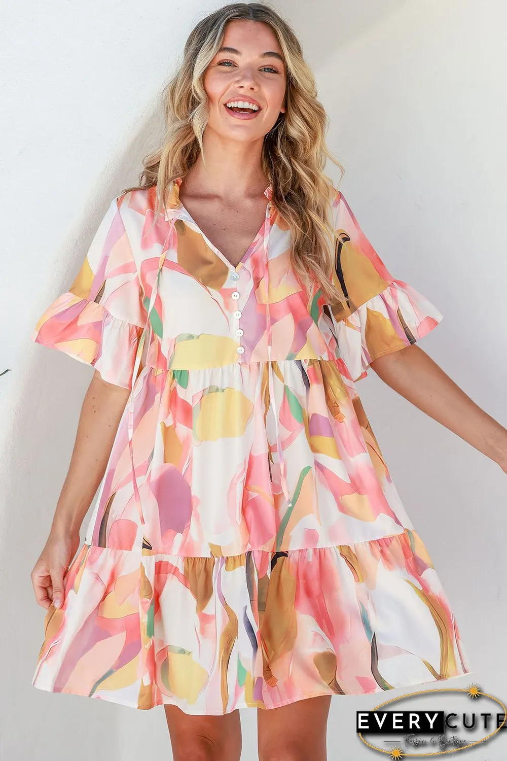 Pink Geometric Print Ruffled Short Sleeve Tied V-Neck Mini Dress
