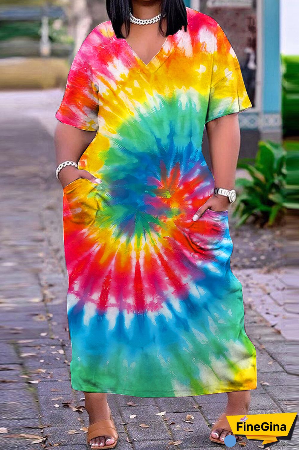 Light Blue Casual Print Patchwork V Neck Short Sleeve Dress