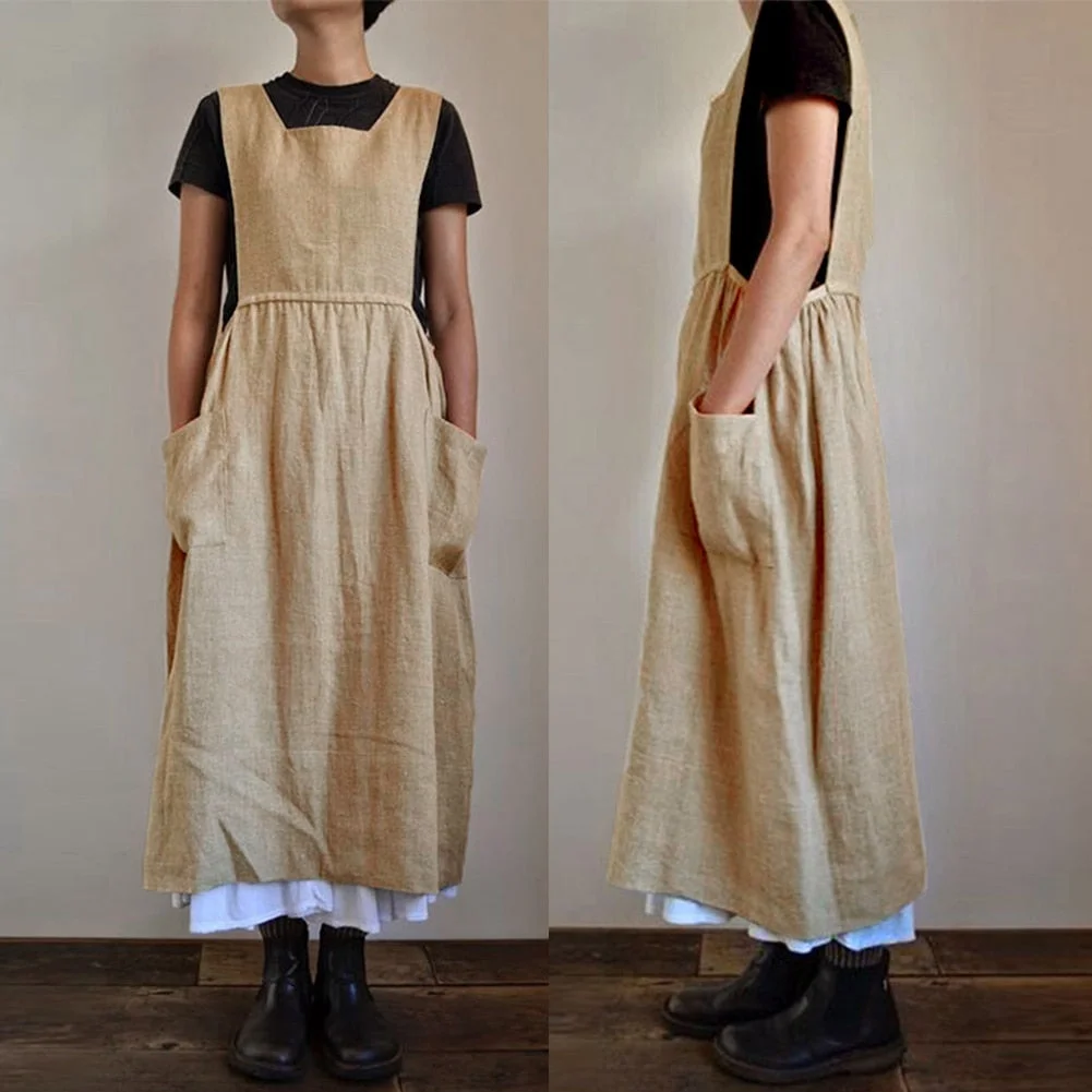 Dresses for Women 2021 Solid Color Sleeveless Square Neck Pockets Cotton Linen Apron Loose Long Dress Casual Overalls