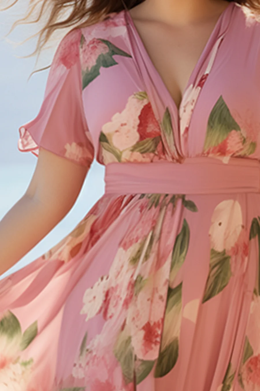 Flycurvy Plus Size Wedding Guest Pink Chiffon Floral Print Empire Waist Maxi Dress