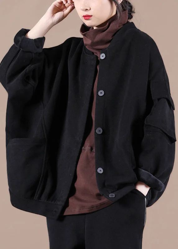 Black Pockets Warm Fleece Coats Stand Collar Batwing Sleeve
