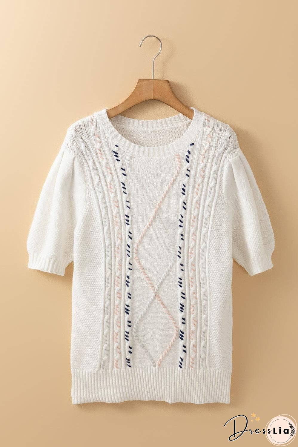 White Multicolor Stitch Detail Cable Knit Short Sleeve Sweater