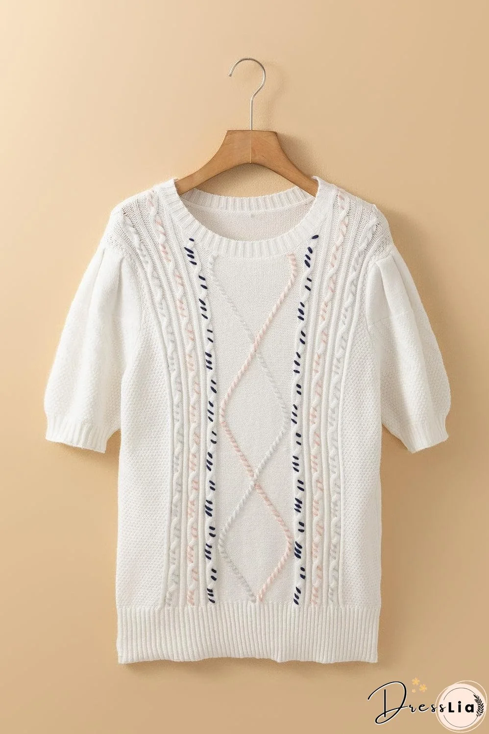 White Multicolor Stitch Detail Cable Knit Short Sleeve Sweater