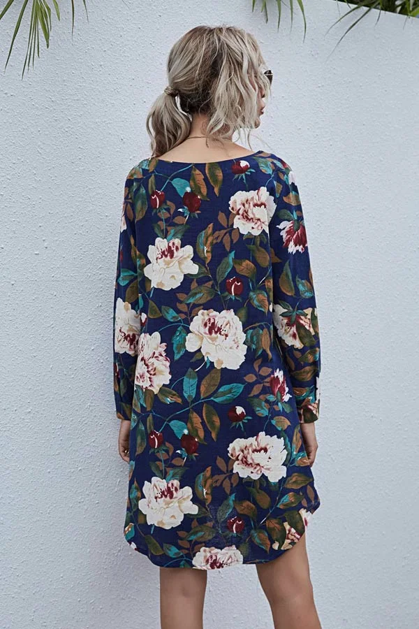 Fashion Round Neck Floral Print Shirt Dress