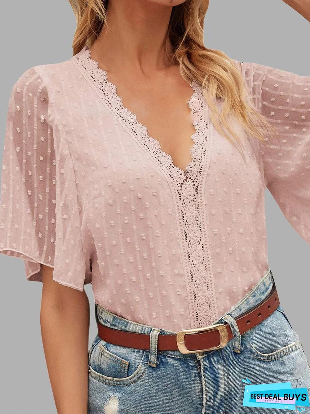 Casual Solid Color Lace V-Neck Short Sleeve Blouse