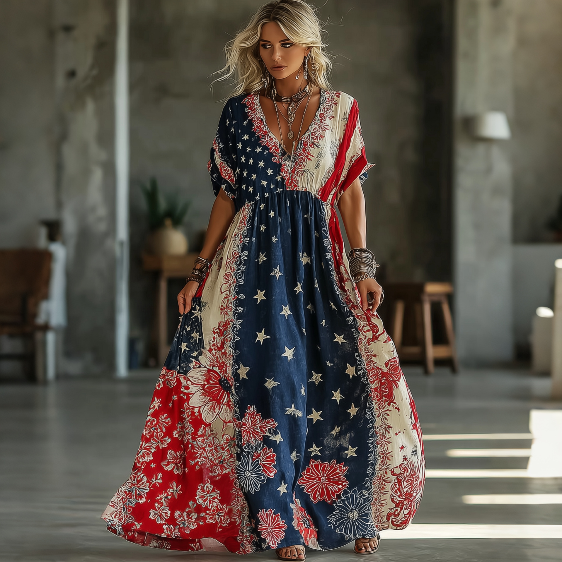  Women's Floral Design Contrast Print Maxi Dress Westsshops