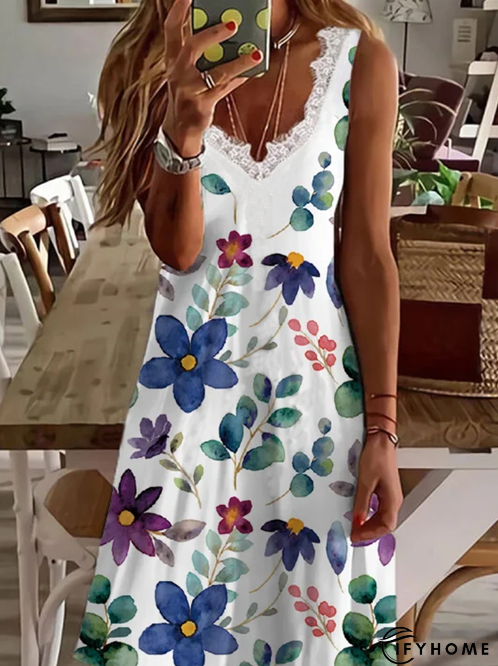 Floral Casual V neck Sleeveless Knit Dress | IFYHOME