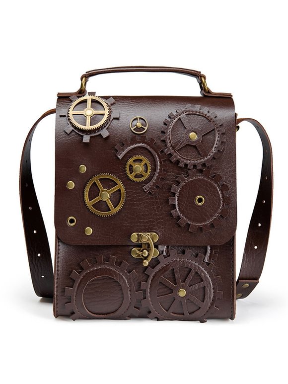 Steampunk Bag Deep Brown PU Leather Metal Details Cross-body Gothic Shoulder Bag Novameme
