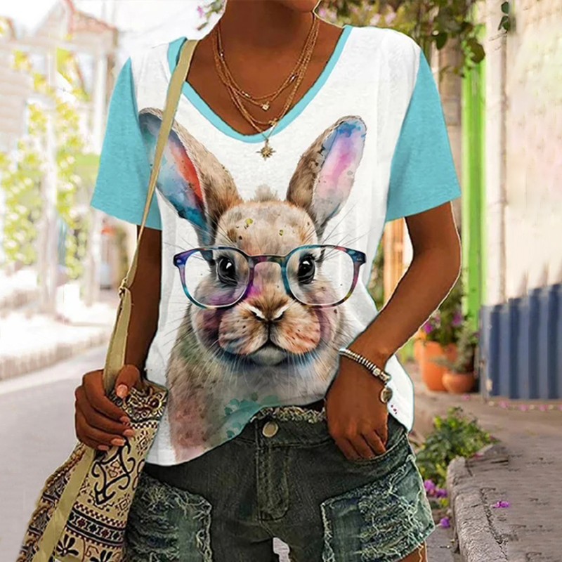 Comstylish Women's Cute Watercolor Bunny Print Easter Casual V Neck T-Shirt