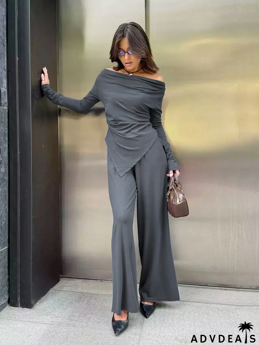 Autumn And Winter Grey Knitting Fashion Off Shoulder Long Sleeve Top High Waist Wide Leg Pants Casual Two Piece Set