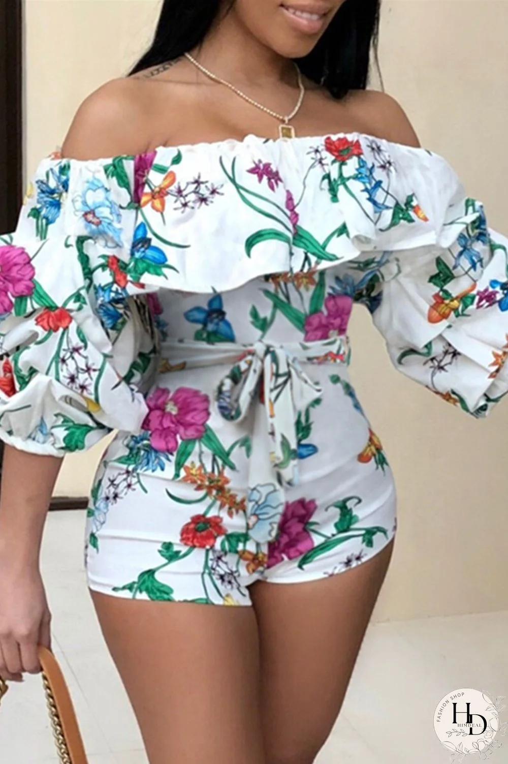 White Sexy Casual Print Backless Off the Shoulder Regular Romper