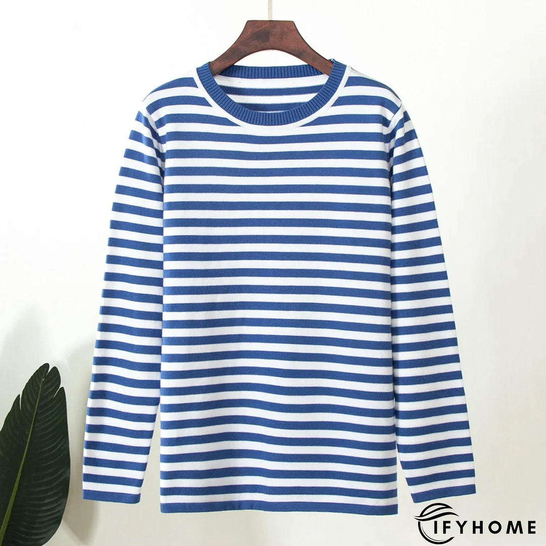 Casual Vintage Crew Neck Knitted Striped shirt & Top | IFYHOME